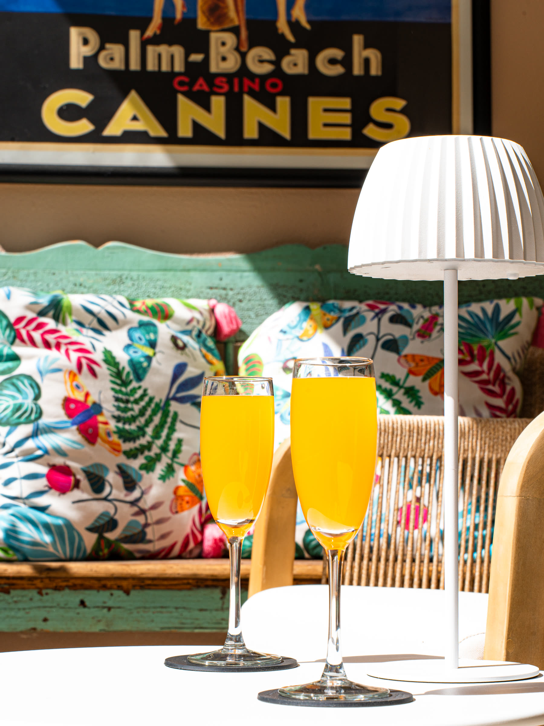 Two mimosas on the terrace beside colourful cushions