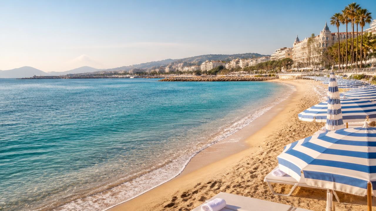 Sandy beach and turquoise water on the Cannes seafront